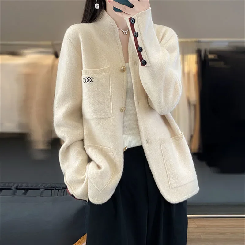 2024 Aautumn And Winter New Blend Wool Sweater Women's Cardigan Stand Collar Thick Versatile Solid Color Knitted Jacket Camel