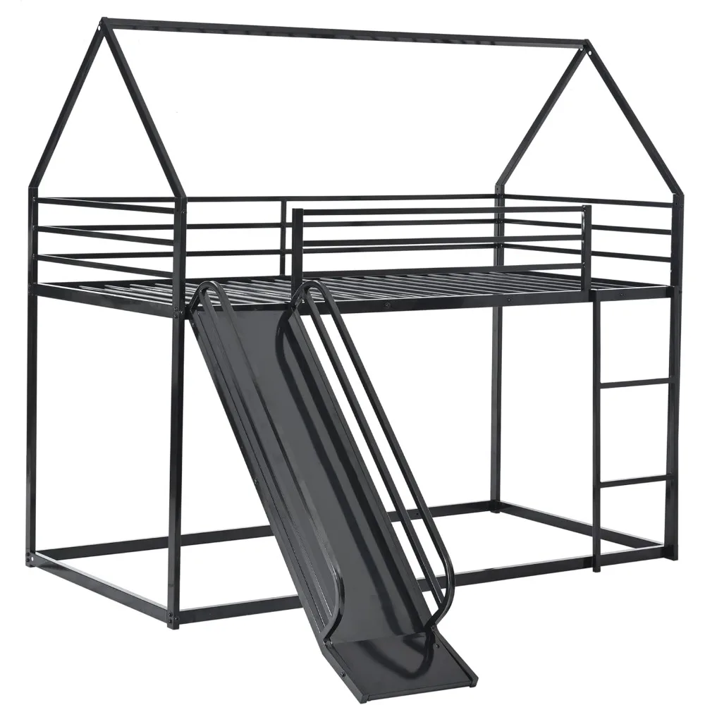 Twin Over Twin Metal Floor Bunk Bed with Slide,Metal Junior House Twin Size House Bunk Bed Frame with Ladder & Roof for Boy Girl 4
