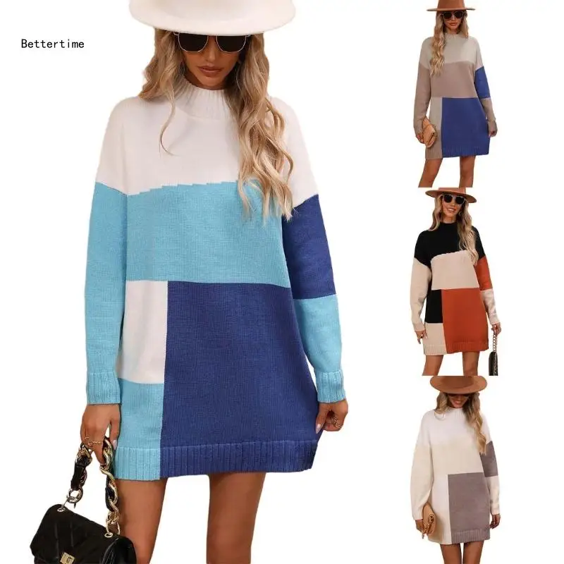 

B36D Women's Neck Sweater Dress Long Sleeve Knitted Tunics Sweater