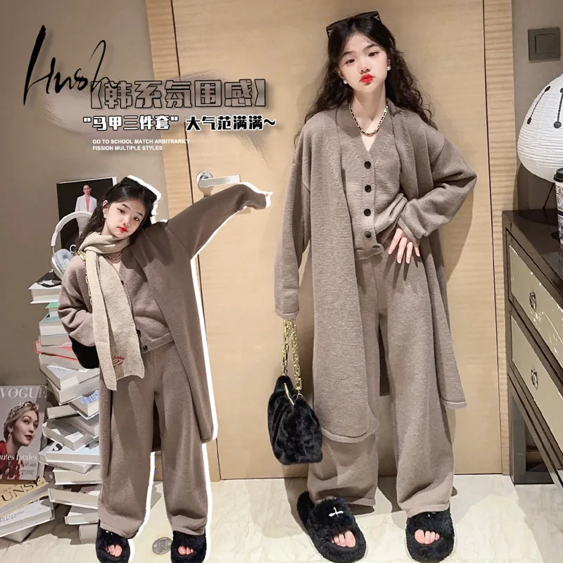 

autumn winter Girls Lazy clothes Set Long Sweater Cardigan Coat+Knitted Vest+Casual Wide Leg Pants 3pcs kid suit children outfit