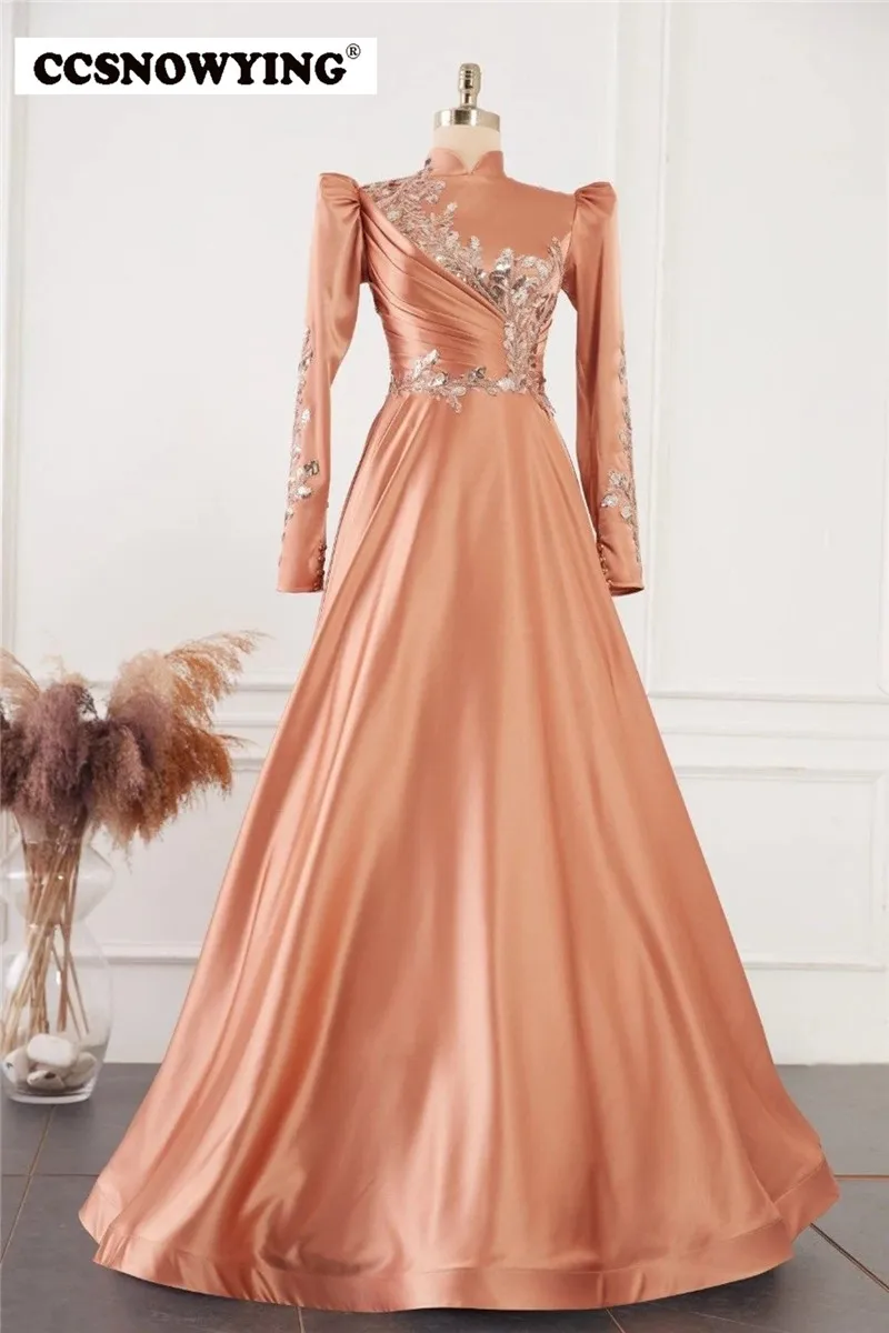 

Satin Appliques Muslim Evening Dresses Long Sleeve Islamic Formal Party Gown High Neck Hijab Saudi Arabia Robe De Soiree