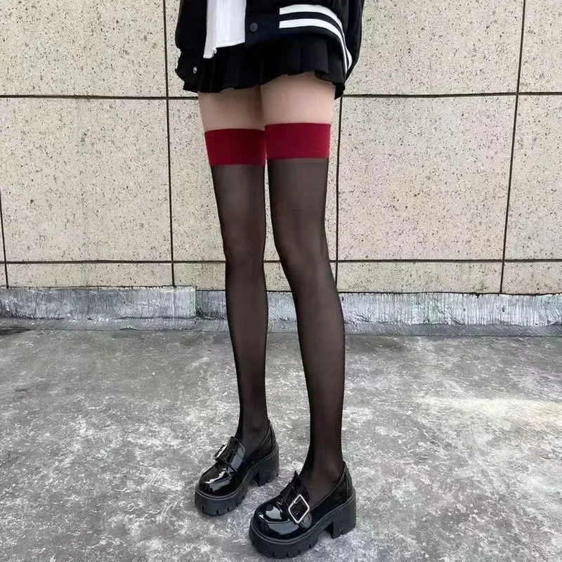 JK Costumes Women Sexy Thigh High Fishnet Stockings Lolita Girls Gothic Punk Transparent Over Knee Red Wide Edge Long Socks