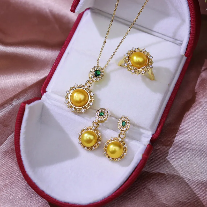 

New fashion 925 setting silver gold 7-9mm freshwater pearl pendant necklace earring ring set needle light luxury elegant jewelry