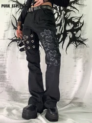 Gótico grunge alt preto jeans feminino coração harajuku vintage bandagem carga calças e menina punk fivela calças retas y2k jogger