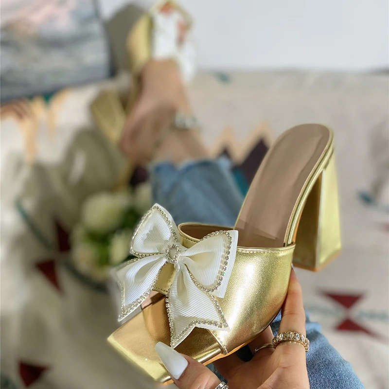 Kcenid Fashion Mesh Butterfly-knot Women Slippers Square Toe Street Style High Heels Sandals Women Summer Gladiator Ladies Shoes