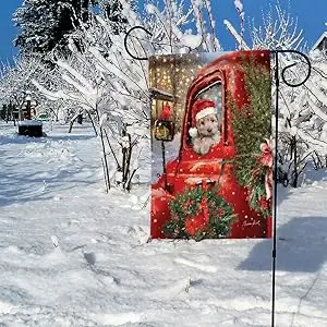 Garden flag with puppy wearing Santa hat in red truck 