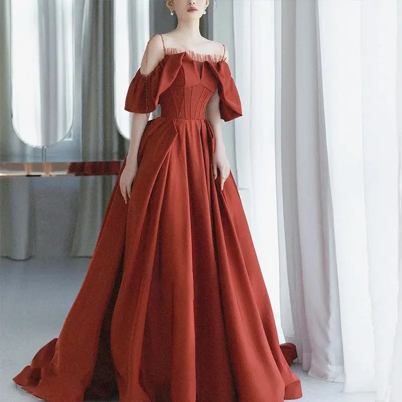 

Harajpee One Shoulder Bride Dress 2024 New Wine Red Wedding Engagement Tail Light Wedding Dress Banquet Princess Vestido Girl