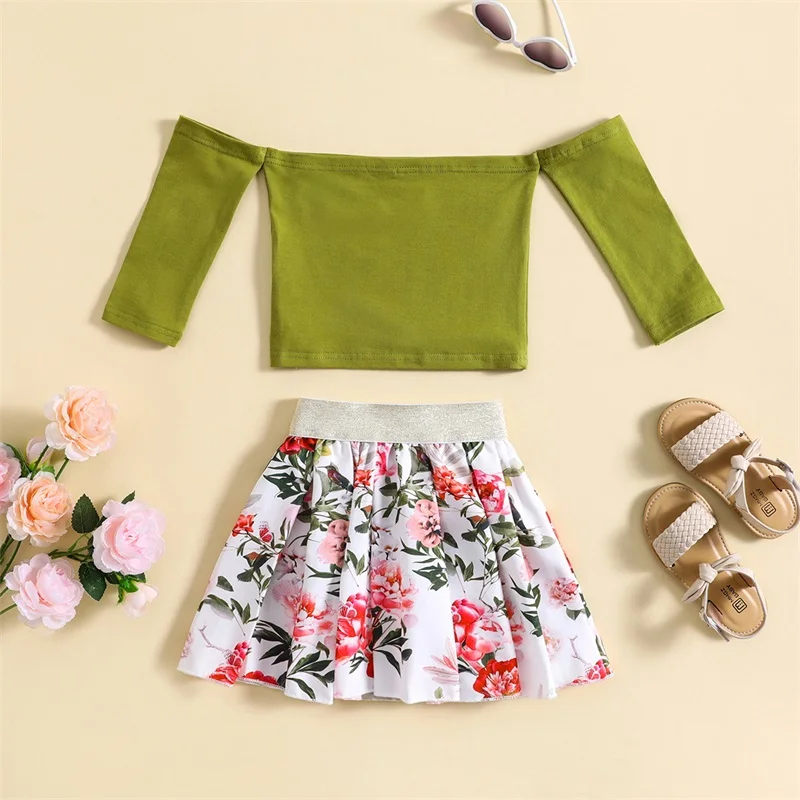 

Летняя одежда для девочек 2 шт., топ с открытыми плечами и длинным рукавом + юбка в цветочек, одежда для малышей