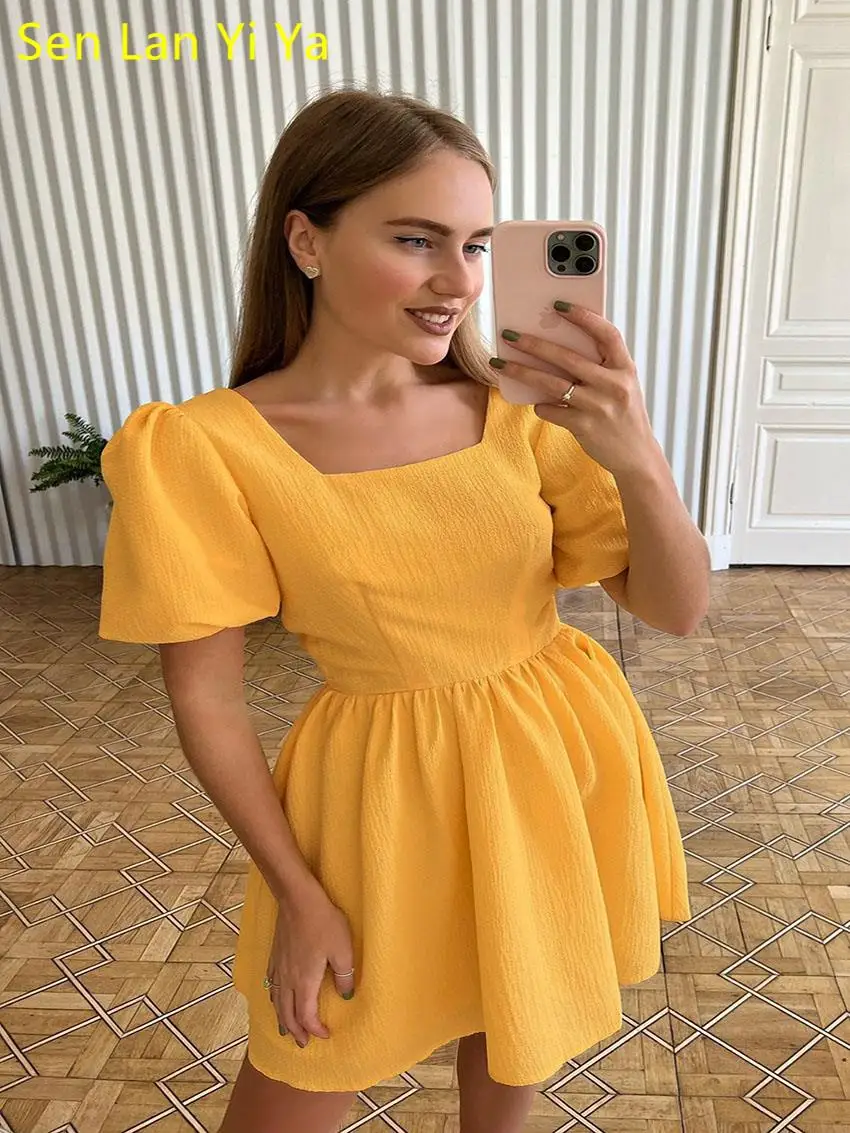 

Sen Lan Yi Ya Casual Simple Yellow High Waisted Square Collar Summer Dresses 2023 Woman Elegant Pink Puff Sleeve Slim Dress