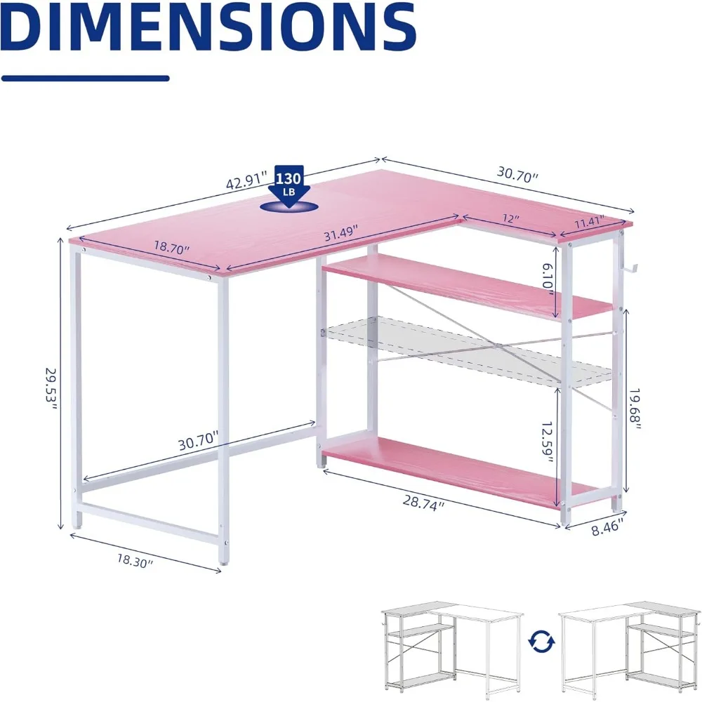 43 Inch L Shaped Computer Desk with Reversible Shelves, Corner Desk for Small Spaces, Home Office & Bedroom 3