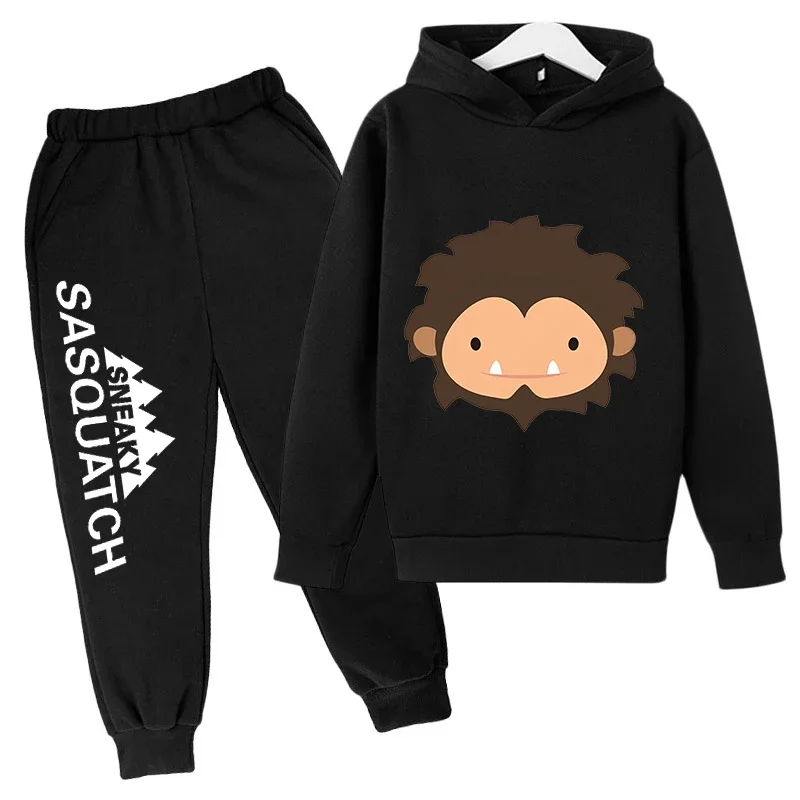 thumbnail image 1 of Conjunto de sudadera con capucha y pantalones de polar para niños, conjunto de 2 piezas, chándal, estampado de cabeza grande de Sasquatch furtivo, 1 of 5