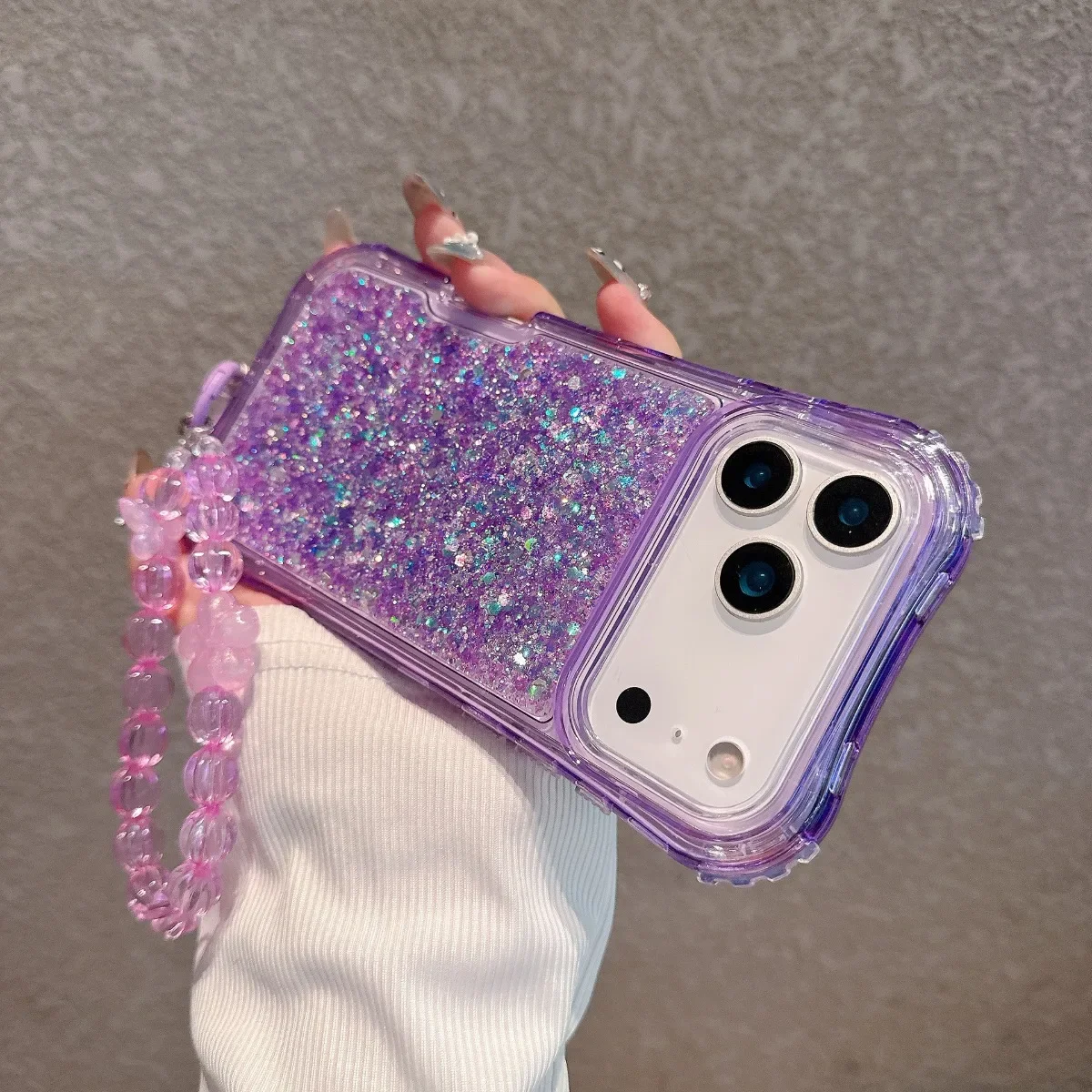 Luxury Bling Glitter Resin Chain Clear Phone Case with 3-Layer Protection and Lanyard
