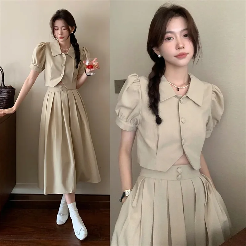 여성용 투피스 세트, 버블 슬리브 탑, 하이웨이스트, 플리츠, 하프 스커트, 한국 패션, 스위트, 우아한, 여름