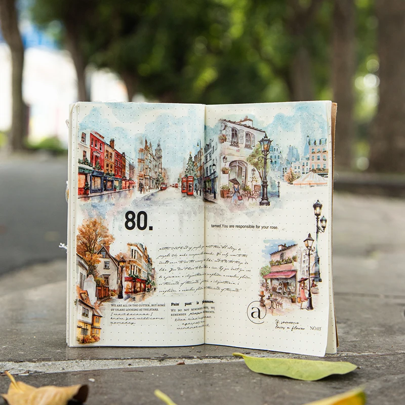 2m/roll PET Die-cut Tape Romantic City Travel Street Landscape Street Light Pattern Tape Creative DIY Greeting Card Decoration 5