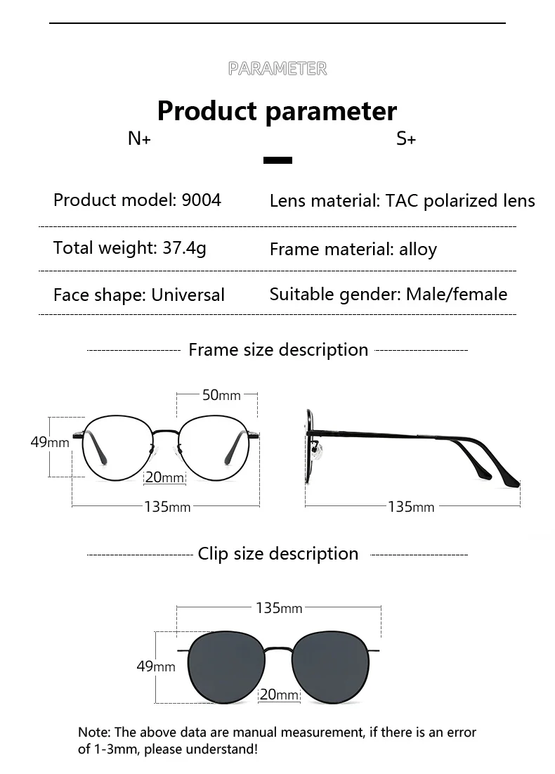Polarisierte Sonnenbrille mit rundem Rahmen, magnetische Clip-on-Brille, Metallrahmen, optische Brillen mit Sehstärke, Magnet-Brille, 3-in-1 – Detail 9