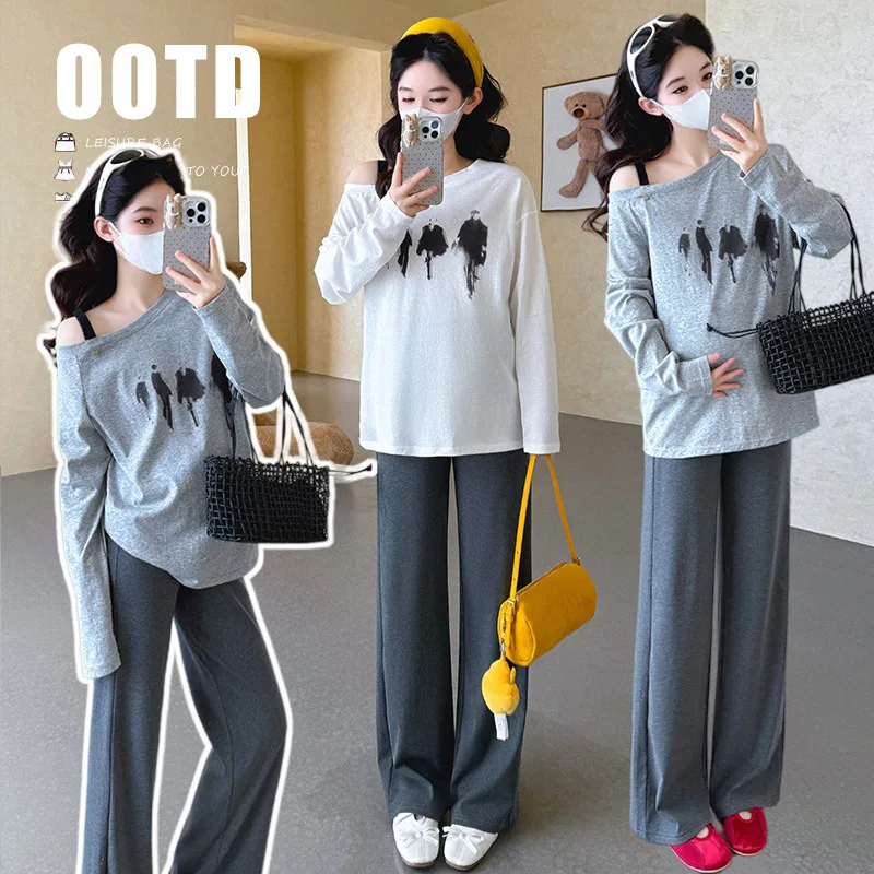 임산부복 봄 가을 2026 오프숄더 긴팔 프린트 상의와 와이드 레그 팬츠 투피스..