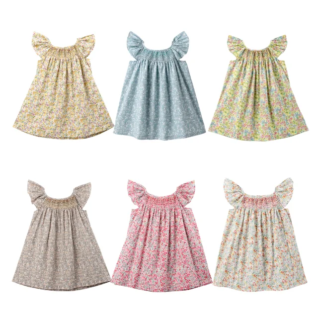 Robe d'été florale pour filles de 1 2 3 4 5 6 ans, Design smocké avec manches volantes, vêtements quotidiens mignons pour bébés en bas âge 1