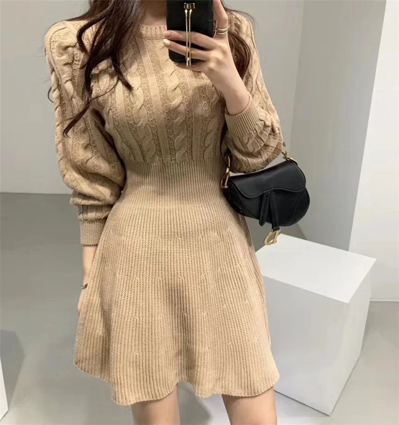 

Female Twist Pattern Umbrella Pleated Elegant Thick Lantern Sleeve Mini Sweater Dress Fashion Autumn and Winter Knitted Dress