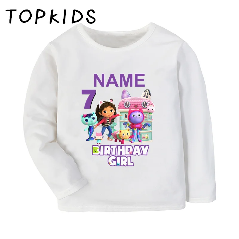 1 2 3 4 5 6 7 8 9 Years Birthday Girls T shirt Cute Gabbys Doll House Customize Name Kids T-shirts Baby Long Sleeve Clothes Gift 3