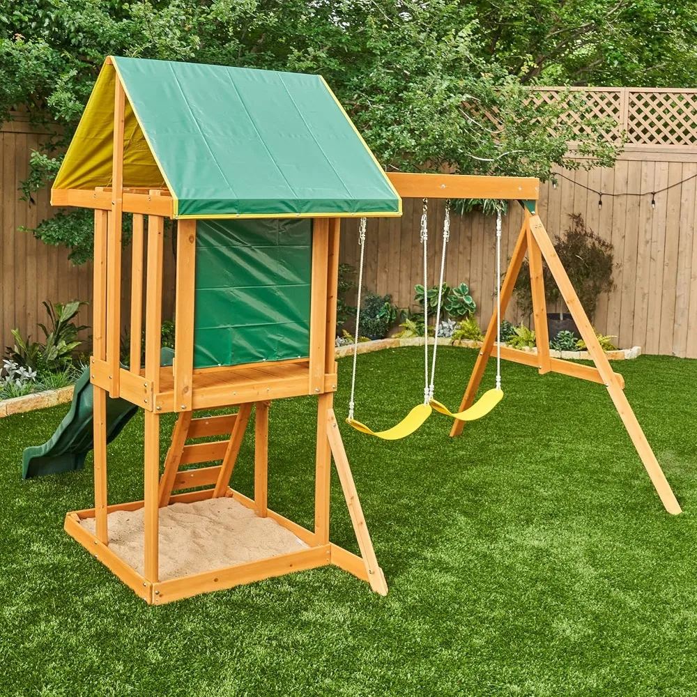 Wooden Swing Set pre-treated with a water-based stain that includes UV and mold protection to hold up against the elements 5
