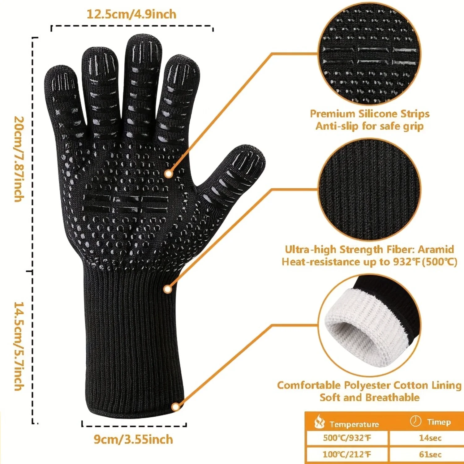 932&deg;F Heat and Cut-Resistant Gloves Non-Slip Silicone BBQ Mitts-Safe, Durable Cooking Armor