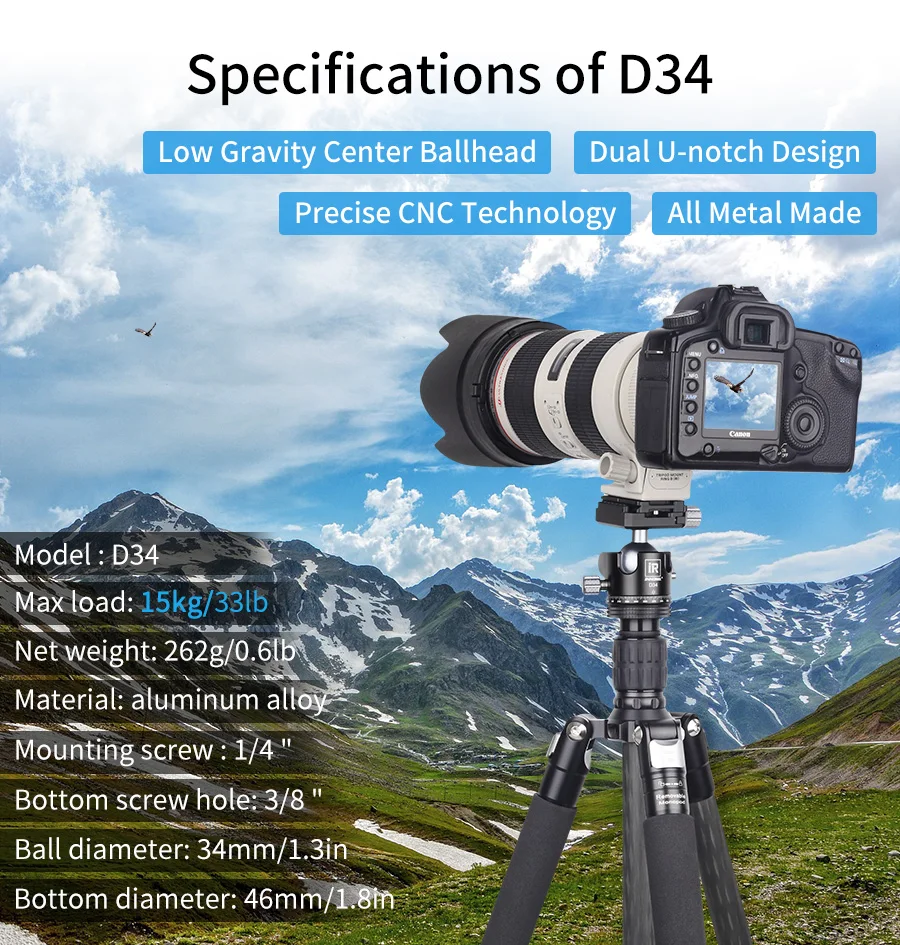 28/34mm Kugelkopf Dual U-Notch Design Professional CNC 360 ° Panorama kamera Stativ kopf für Ein beins tativ, DSLR, Kameras, Camcorder,DV – Detail 3
