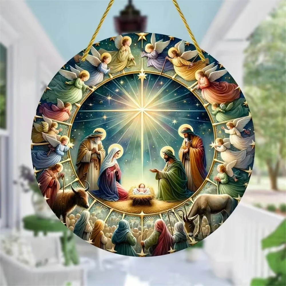 2D Holy Scene Guard Jesus Birth Acrylic Window Hanging Wreath Round Wooden Sign Window Church Front Door Porch Wall Home Decor