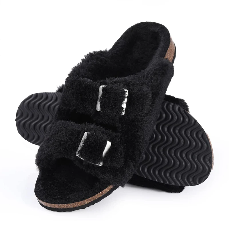 Women Fuzzy Slippers with Arch Support and Adjustable Buckles