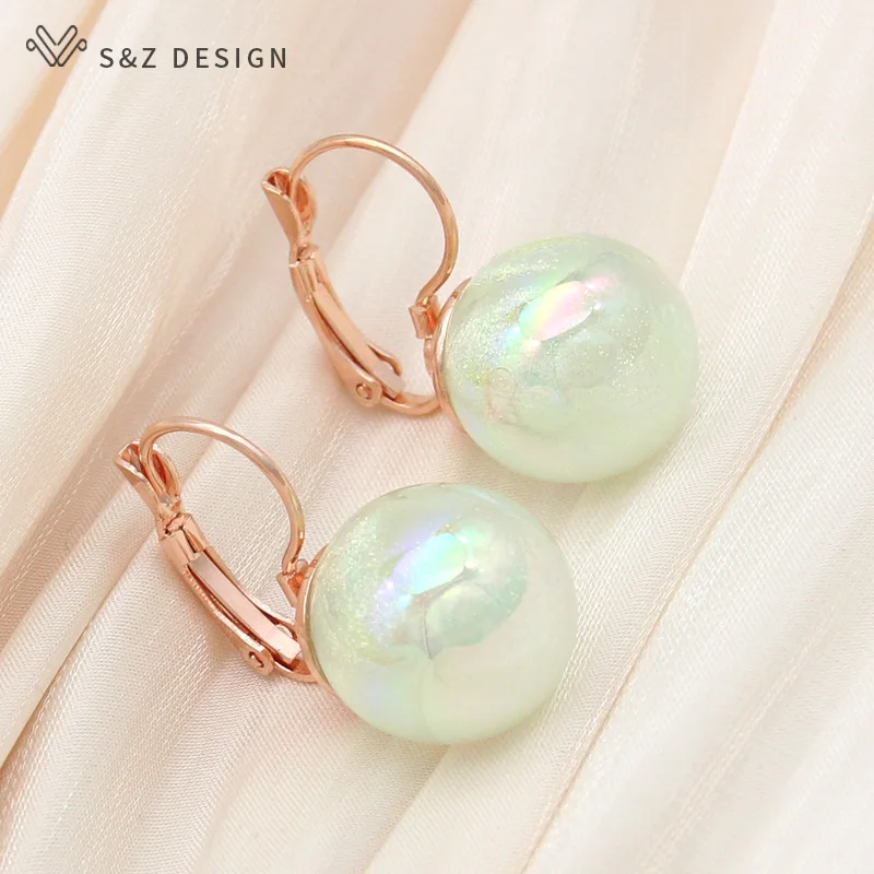 S&Z DESIGN New Fashion 585 Rose Gold Color Round Colorful Bead Drop Earrings For Women Wedding Elegant Jewelry Trendy Eardrop
