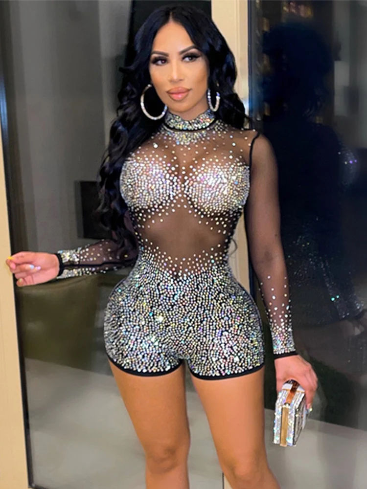 

Women Rhinestone Paved Shorts Jumpsuits Sexy Mesh See Through Casual Long Sleeve Romper One Piece Playsuits 2021 Summer
