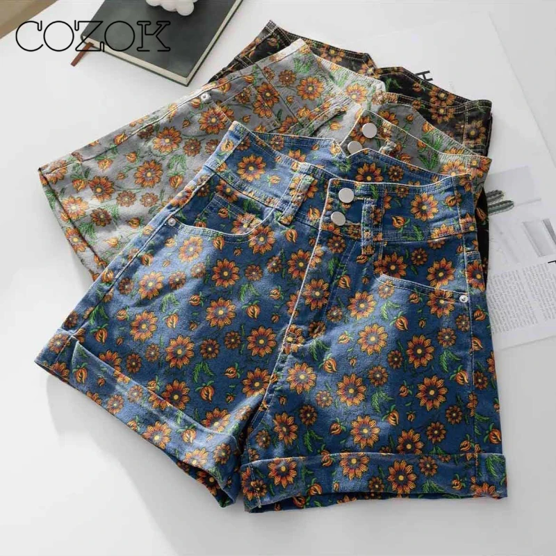 

Шорты COZOK женские джинсовые с высокой талией, универсальные тонкие брюки с широкими штанинами и подсолнухами, лето 2023