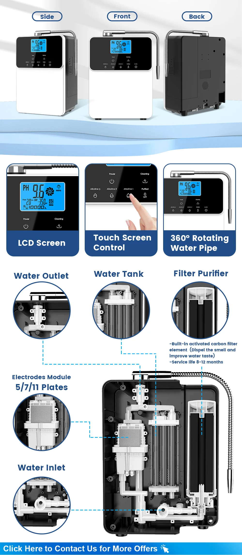 Description Picture 4 of itemCAWOLO 11 Plates Platinum Coating Alkaline Water Ionizer Machine Household PH 4.5~10.5 Alkaline Acid Water Ionizer for Home