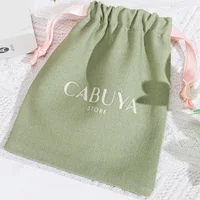 High Quality Green Cotton Linen Drawstring Skincare Product Perfume Packing Bag Custom Logo Printed Gift Makeup Jute Pouch