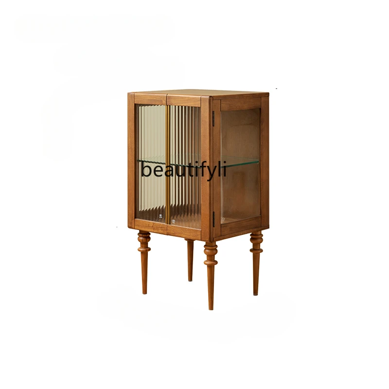 

French Vintage Style Side Cabinet Simple Bedside Table Glass Solid Wood Chest of Drawers