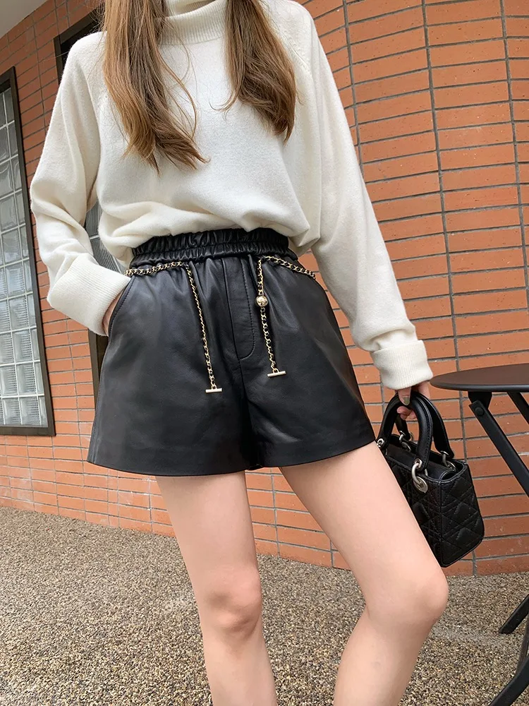 

Leather Shorts Women High Waist 2022 New Korean Fashion Genuine Sheepskin Short Casual Pants Loose