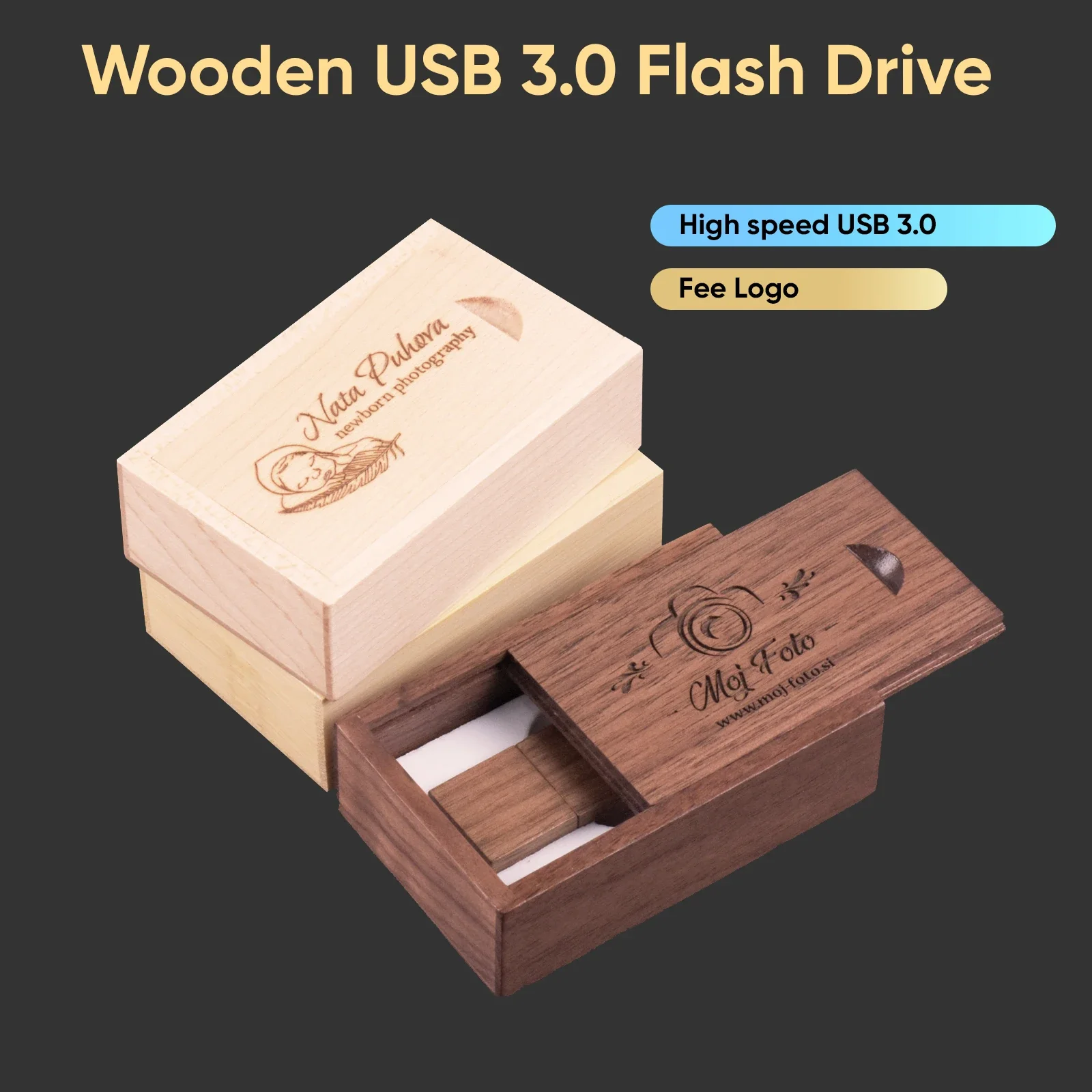 JASTER USB 3.0 로고 맞춤형 나무 Usb 상자 USB 플래시 드라이브 메모리 스틱 Pendrive 4GB 8GB 16GB 32GB 64GB U 디스크 결혼 선물