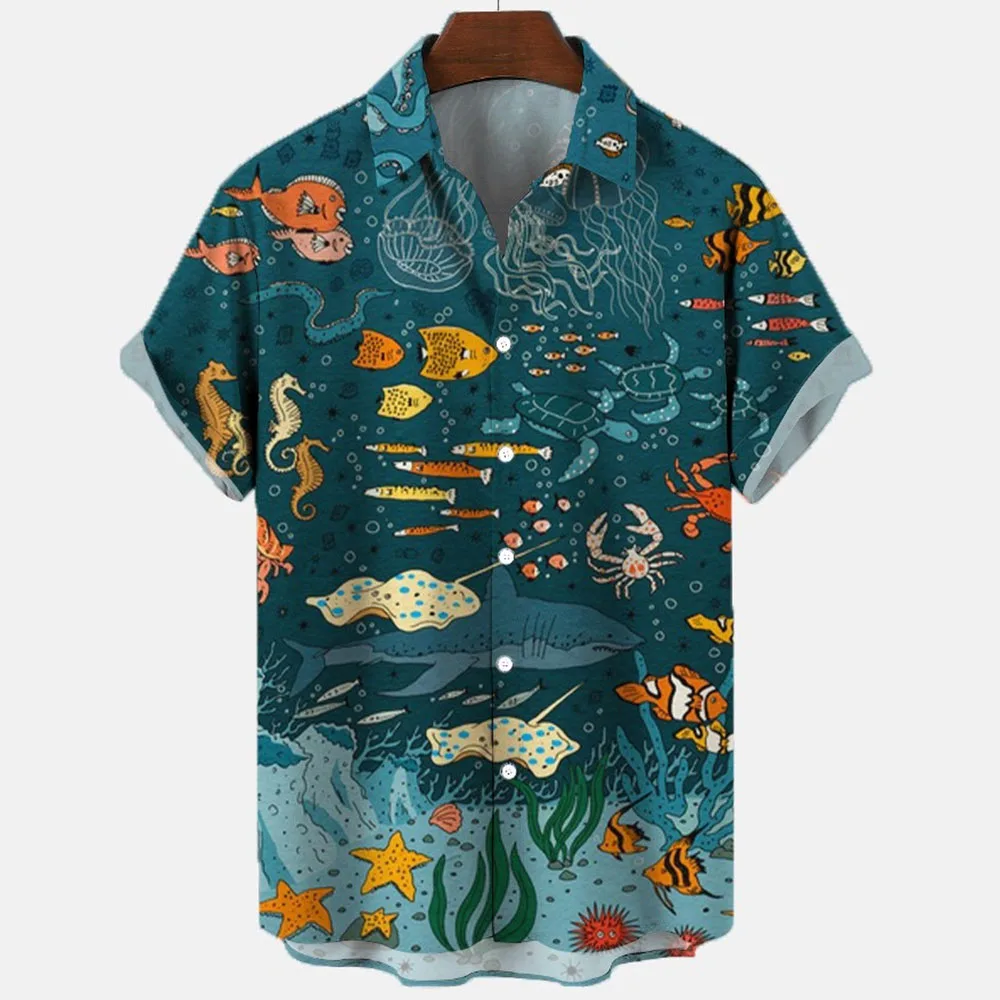 2024 Summer Men's Shirts Sea Animals Seahorse Fish 3d Loose Hawaiian Casual Short Sleeve Tops 5