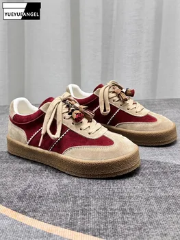 Women Casual Real Cow Suede Leather Shoes Lace Up Low Cut Mixed Color Thick Platform Skateboard Shoes Comfortable Sneakers Pumps