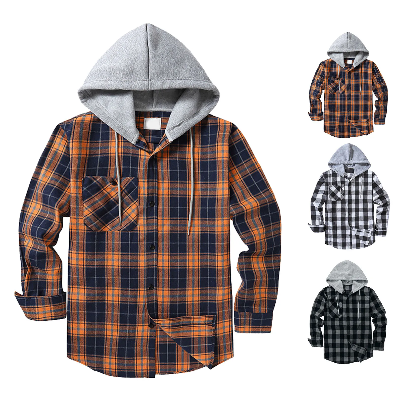 

Mens Hooded Flannel Warm Shirt Flower Beach