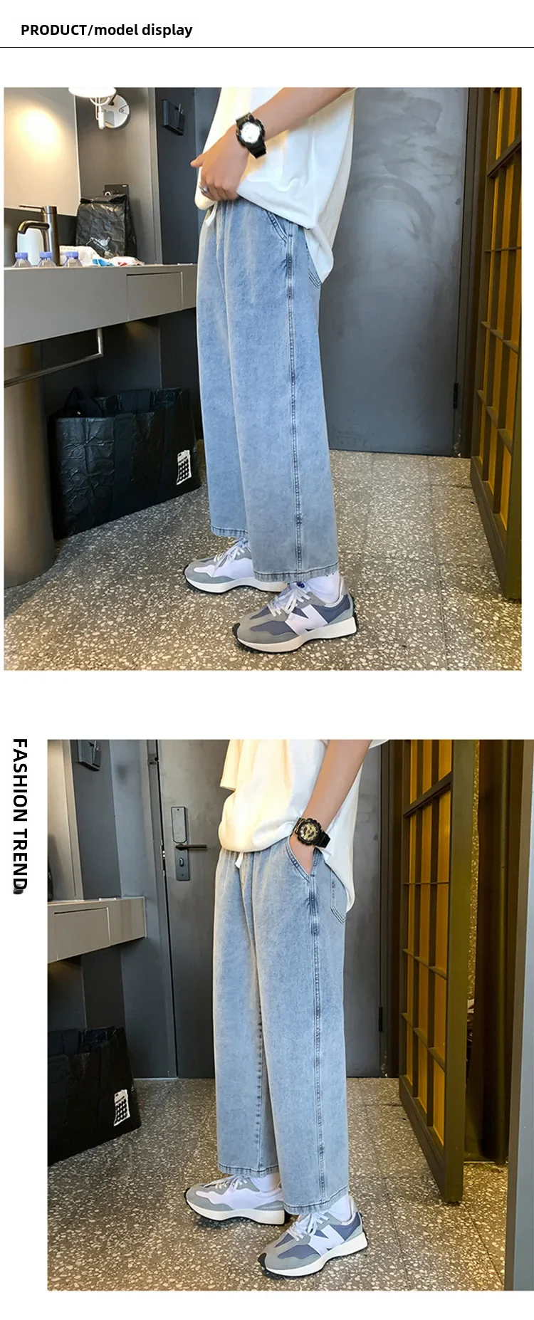 Description Picture 4 of itemVintage Lightweight Elastic Waist Jeans For Men Casual Loose Fit Straight Leg Cropped Pants Summer Season Thin Style