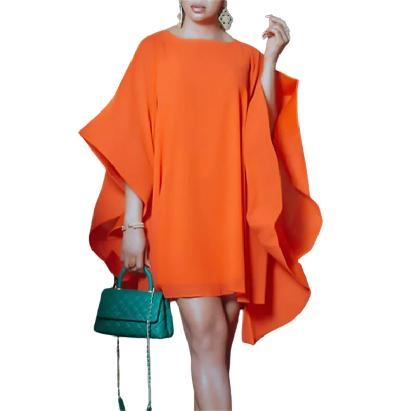 

Yeezzi Female Fashion Solid Color Elegant Party Dress 2023 Summe Half Batwing Sleeves Round-Neck Orange Mini Dresses For women