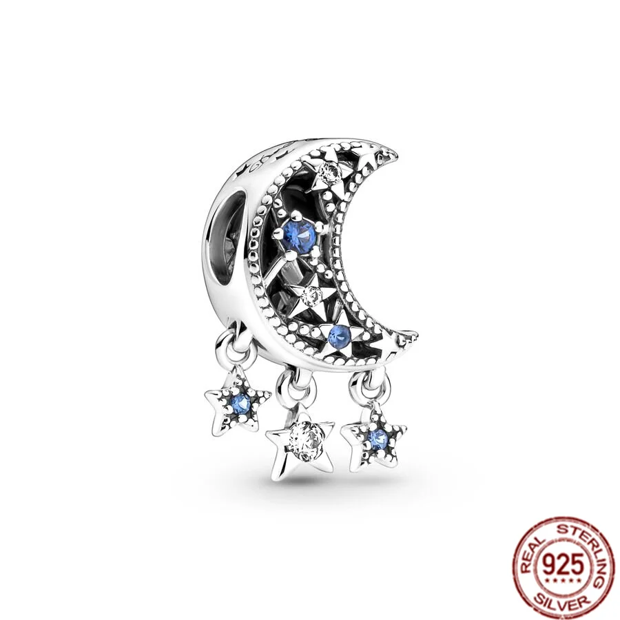 925 Sterling Silver Pavé Assimétrica Estrela e Lua Crescente Charme, Cadeia de Segurança Beads Jóias, se Fits Original Pulseira Pandora