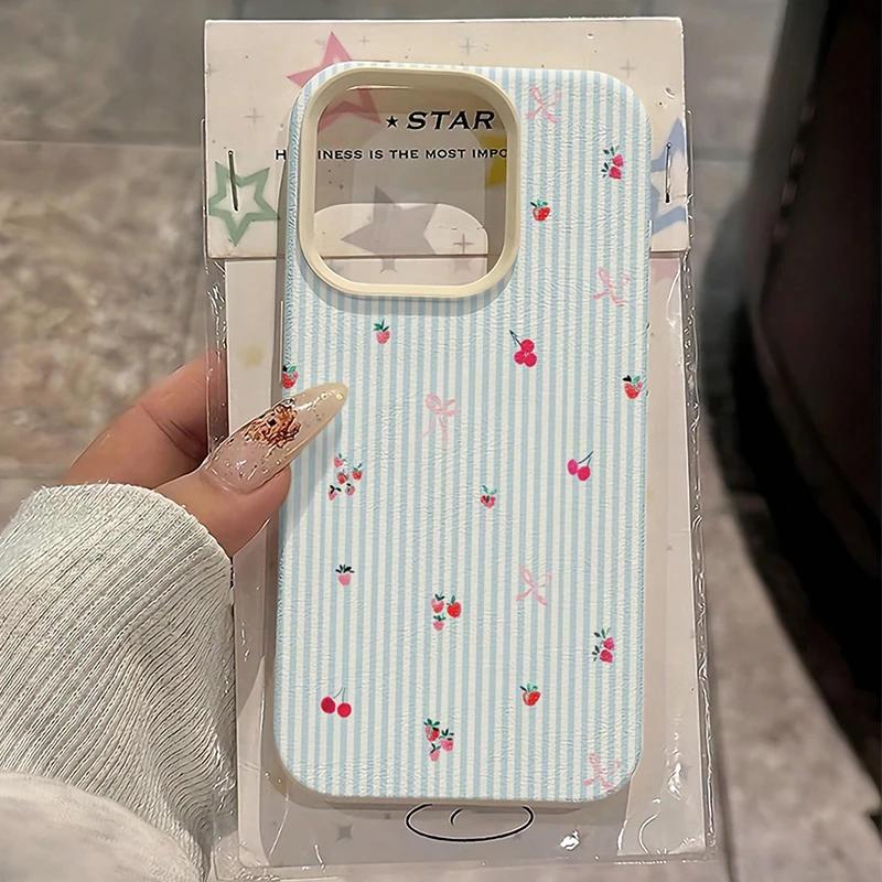 Blue Striped Cherry & Strawberry Pattern Phone Case Cover