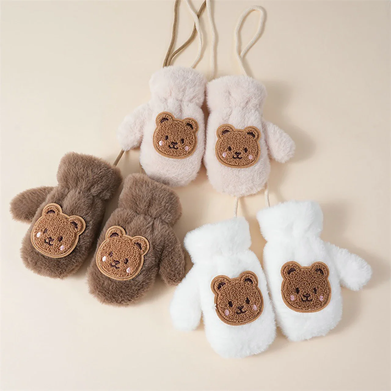 Baby Gloves Winter Thicken Warm Cute Cartoon Bear Boys Girls Mittens Faux Fur Toddler Kids Fingerless
