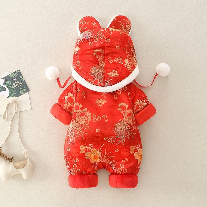 0-18M Newborn Baby Chinese Traditional Hanfu For Infant Embroidery Tang Suit Tiger Hat Romper Red New Year Outfits