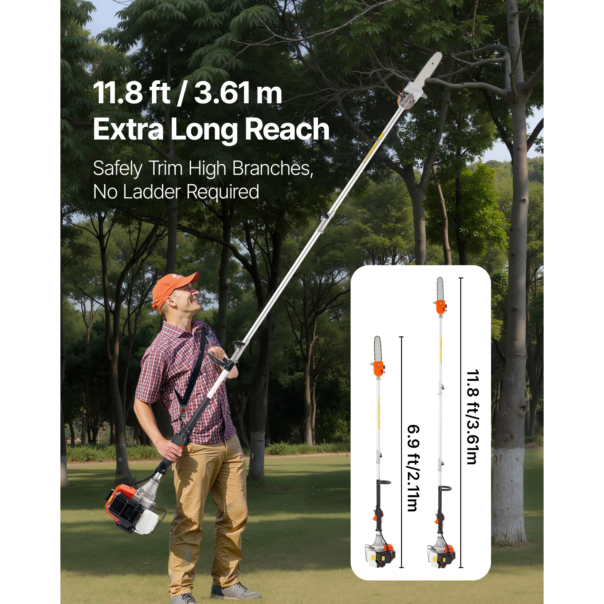 SucceBuy Gas Pole Saw 2Stroke Gas Powered Pole Saws w/Cutting Bar Cordless w/Rotatable Head Extendable for Tree Trimming Pruning - 2