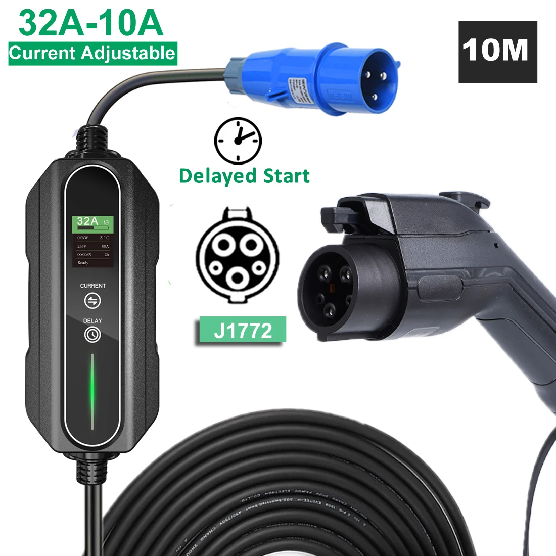 Portable EV Car Charger Type 1 J1772 Level 2 32A 1 Phase 7.2KW EVSE Adjustable Current for Home 5M 10M portable ev charger