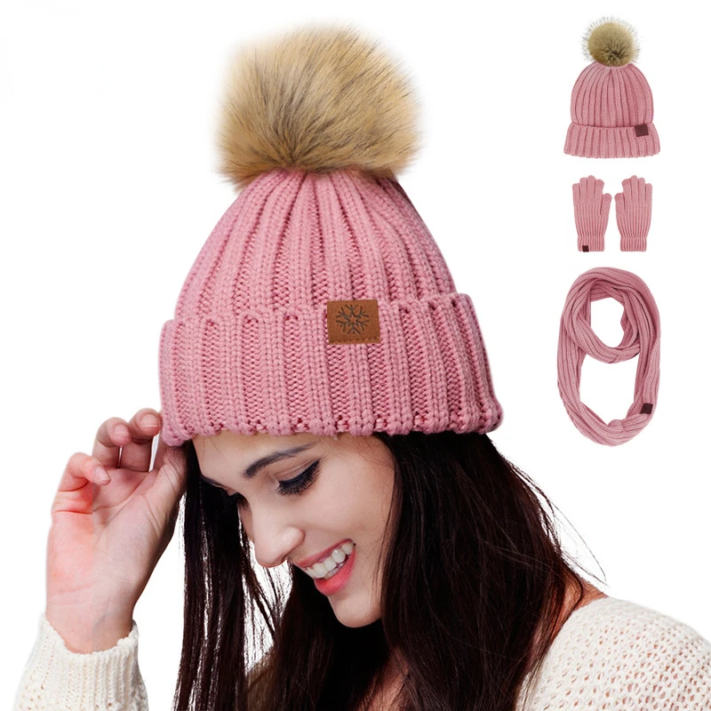 

New Winter Adult Women's Hairball Knitted Beanie Cold Hat Scarf Gloves Three-piece Outdoor Warm Winter Beanie Scarf and Gloves