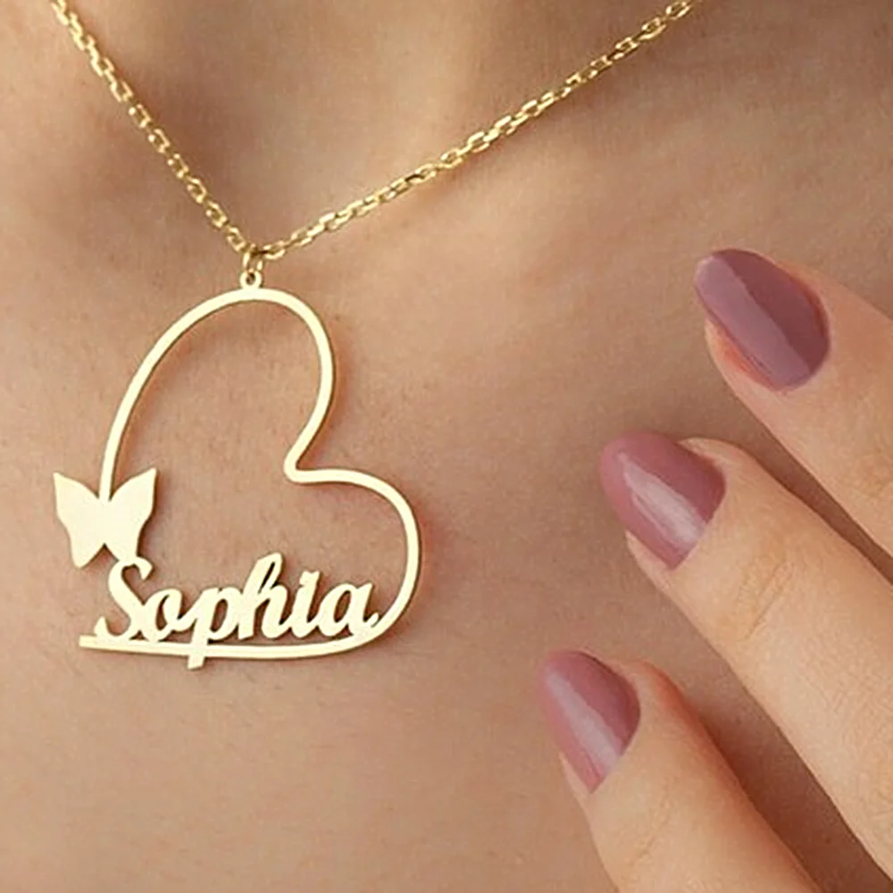 

Personalised Heart Butterfly Pendant Choker Custom Name Women Stainless Steel Necklace Fashion Jewelry Valentine's Day Gifts New