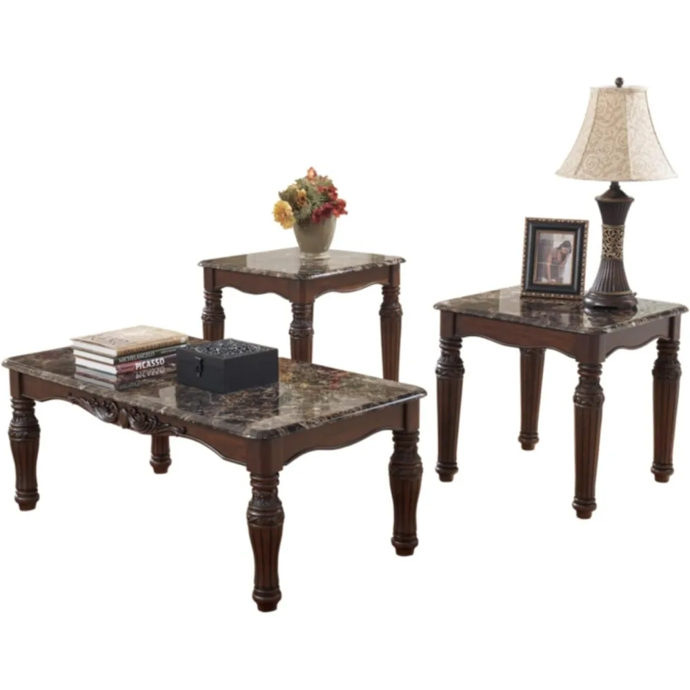 North Shore traditional faux marble 3-piece table set includes coffee table and 2 end tables cafe furniture set for living room